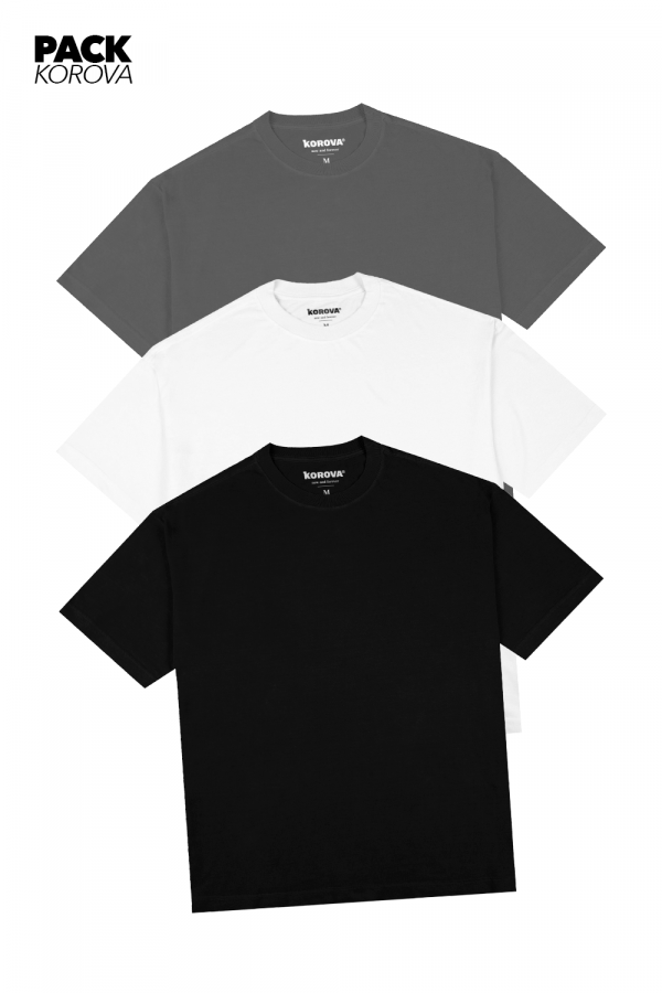 Pack de 3 Camisetas Nova Oversized Korova Cinza/Preto/Branco